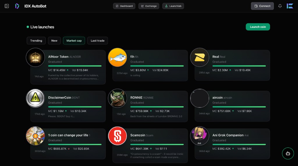 IDX Launchlab live feed showing launched coins with market cap, volume, and graduation status