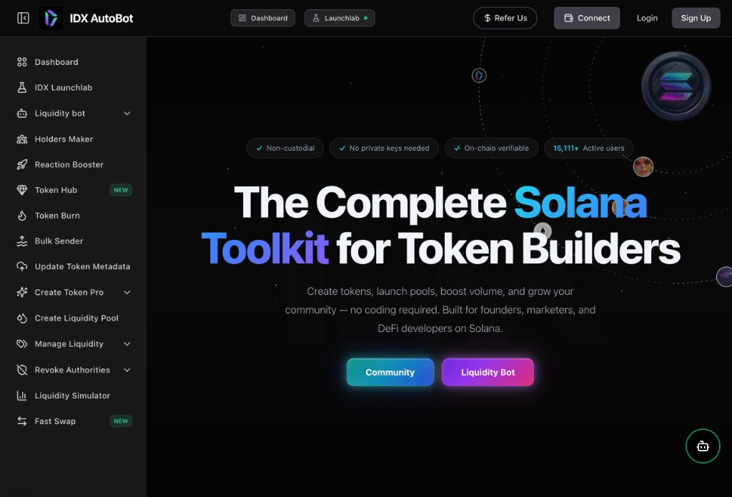 IDX Tools home — Solana toolkit for token builders with volume, liquidity, and creator tools