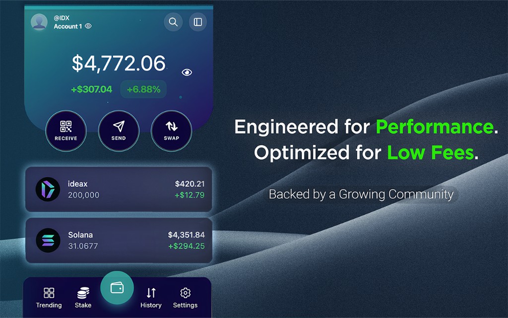 IDX Wallet — balance, send, swap, and asset management on Solana