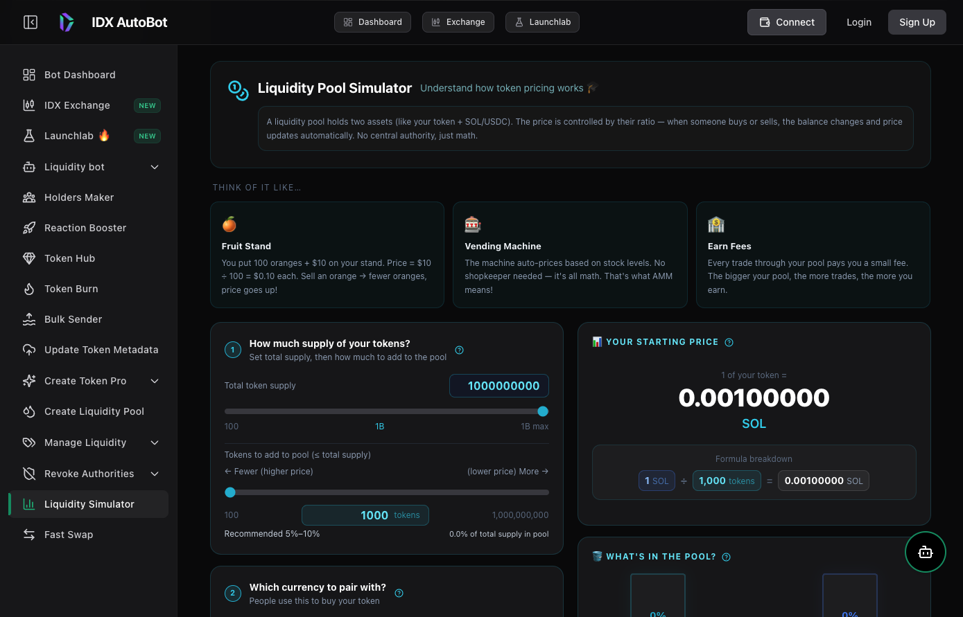 IDX Liquidity Pool Simulator in Tools — supply, quote pair, and starting price preview