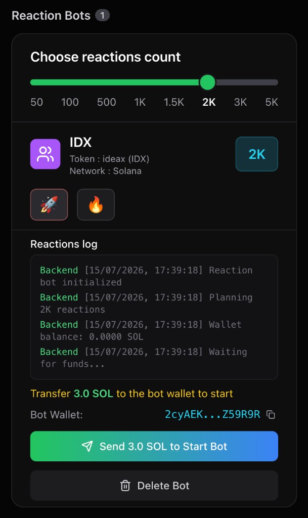 IDX Reaction Booster bot dashboard with reaction count slider set to 2K, rocket and fire emoji selectors, reactions log, bot wallet address, and Send SOL to Start Bot button